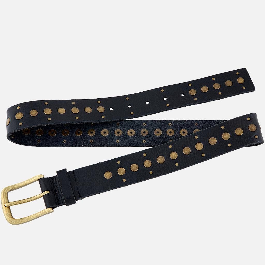 Faye | Gold Buckle Studded Leather Belt