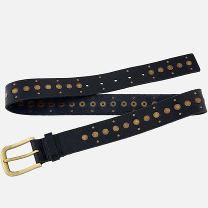 Faye | Gold Buckle Studded Leather Belt