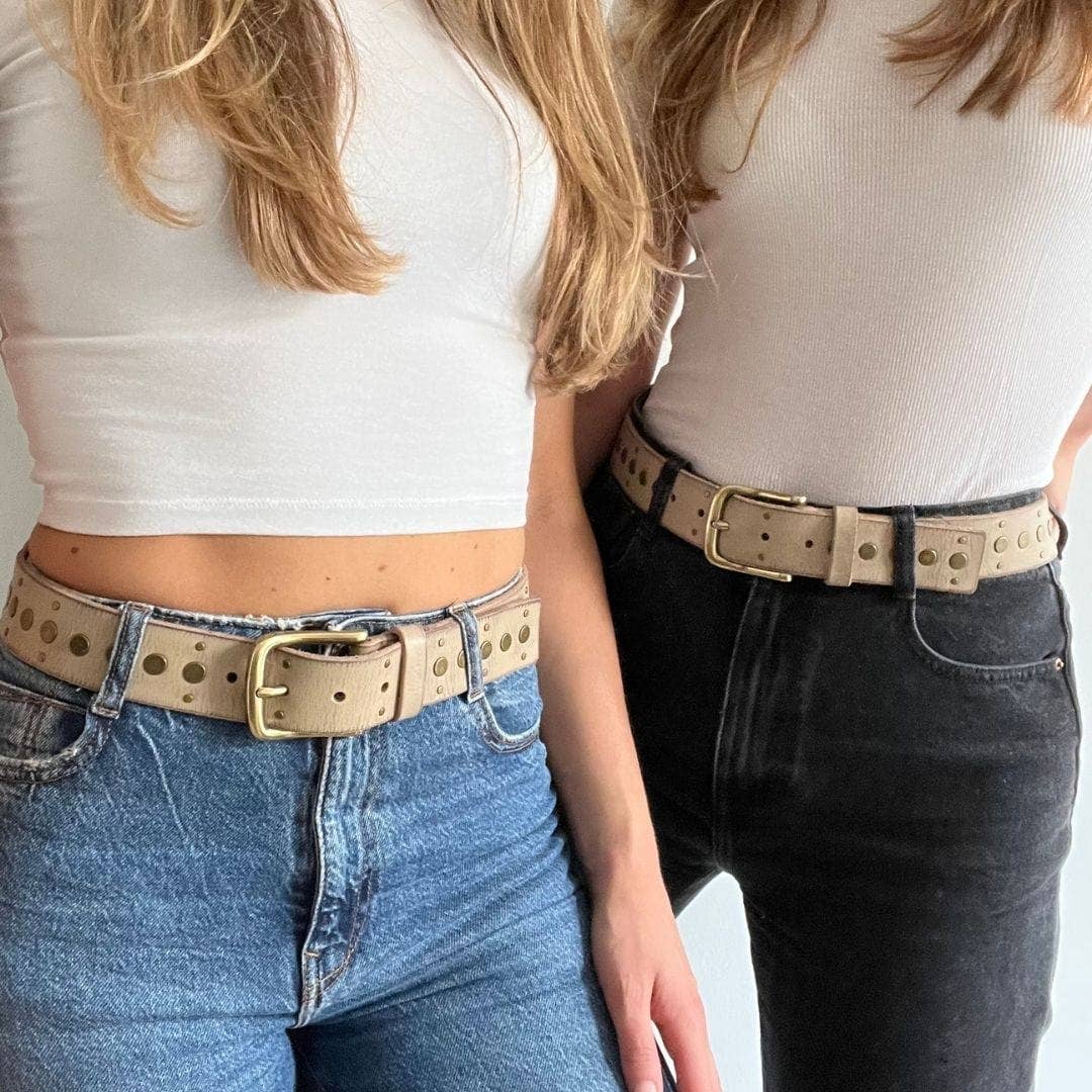 Faye | Gold Buckle Studded Leather Belt