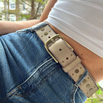 Faye | Gold Buckle Studded Leather Belt