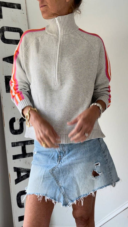 Grey/Pink Retro Half Zip Women's Pullover