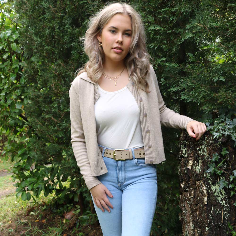 Faye | Gold Buckle Studded Leather Belt