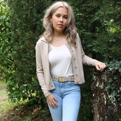 Faye | Gold Buckle Studded Leather Belt