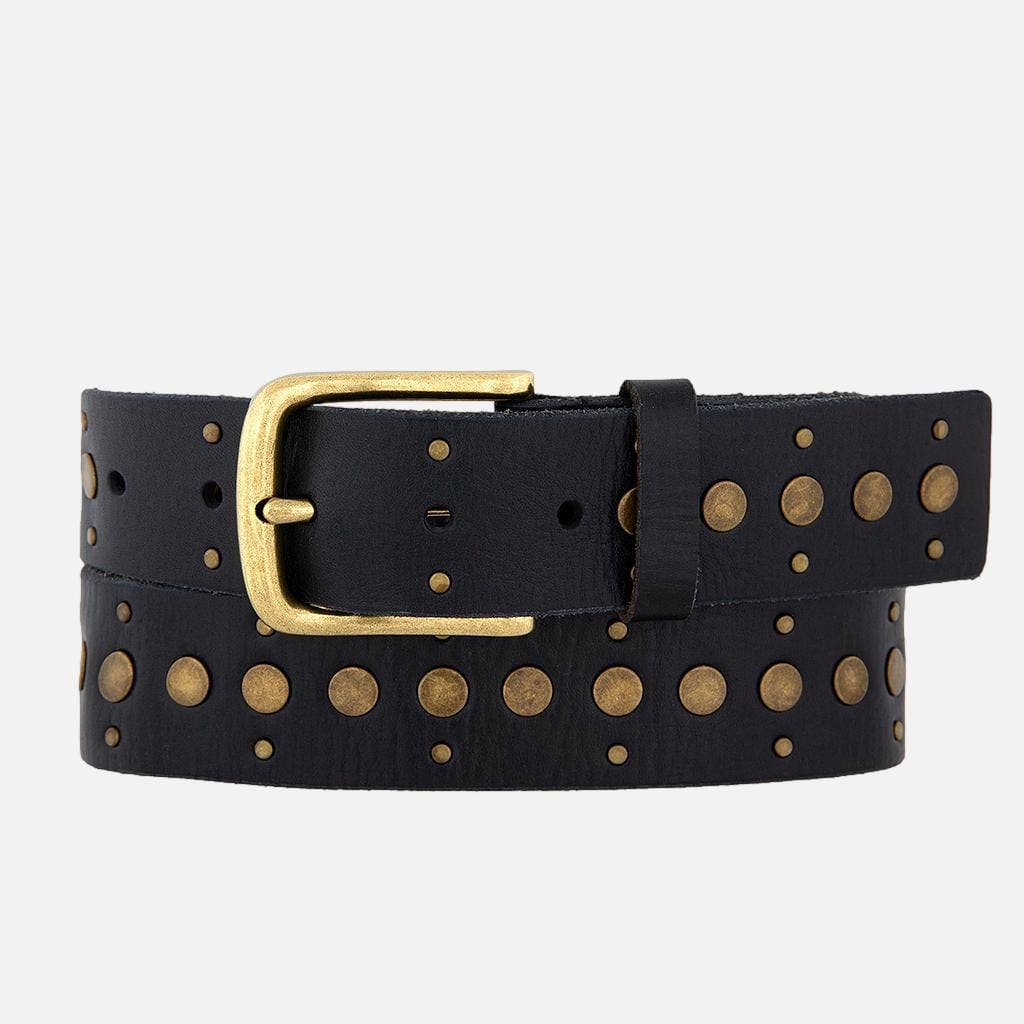 Faye | Gold Buckle Studded Leather Belt