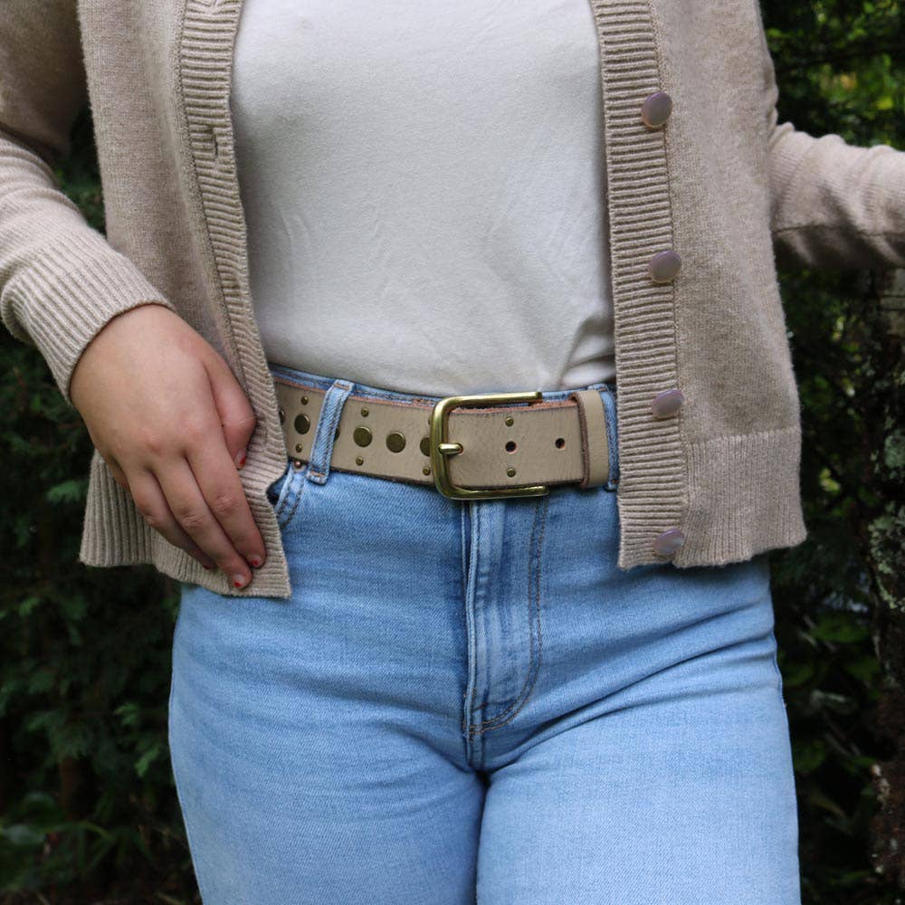 Faye | Gold Buckle Studded Leather Belt