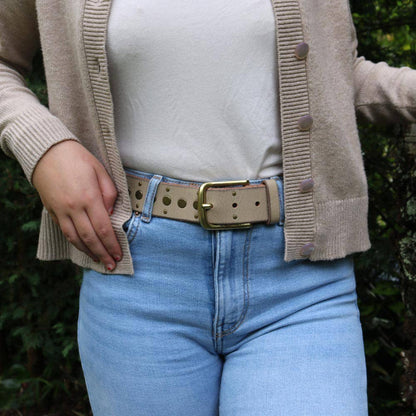 Faye | Gold Buckle Studded Leather Belt